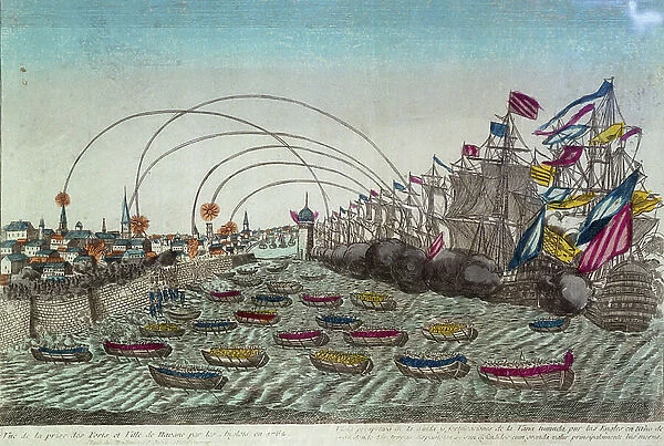 View of the capture of the forts and the city of Havana (Cuba), by the English in 1762. Color engraving (30.1 x 45.7 cm), 18th century French art