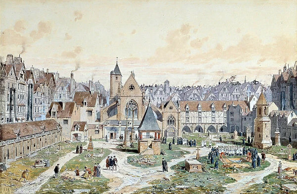 View of the cemetery of the Innocents in Paris in 1550. Watercolour by Theodore Joseph