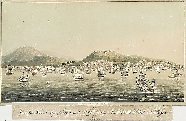 View of the city and the bay of Smyrna (present-day Izmir, Turkey). Lithography (30.5x48 cm), de Havil, 1818