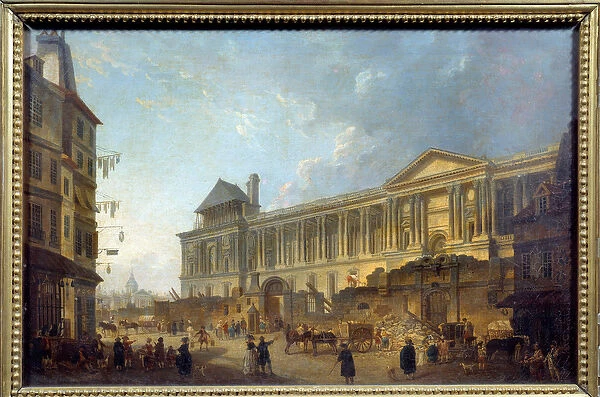 View of the colonnade of the Louvre Street scene with construction site in front of