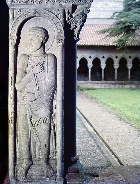 View of a column with low relief representing the Apostle Saint John, 13th century. Cloister of Saint Peter's Abbey (Saint-Pierre). Moissac, Tarn and Garonne (82)