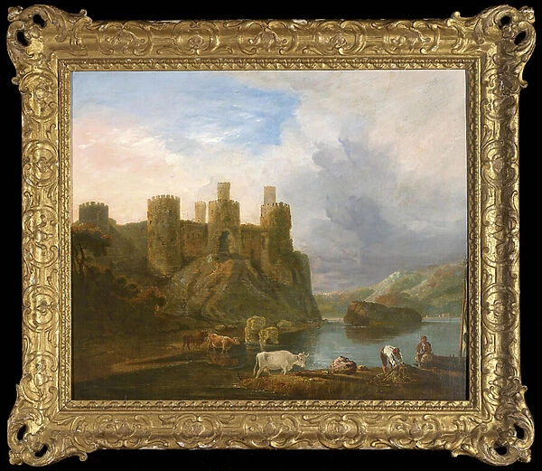 A view of Conway Castle with fishermen mending their nets (oil on canvas)