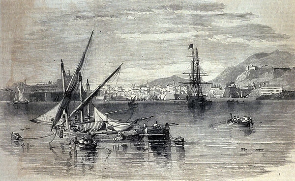 View of Corfu in Greece from the island of Vido. Engraving from the beginning of the 19th