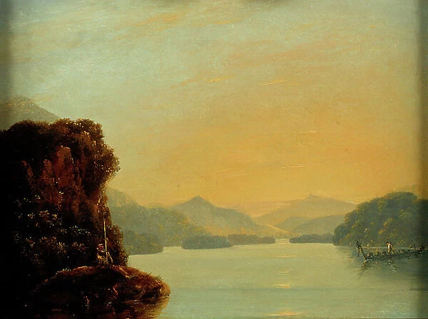 View in Dusky Bay with a Maori canoe, 18th century (oil on panel)