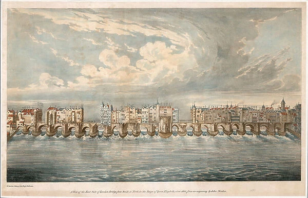 View of East Side of Old London Bridge in the reign of Queen Elizabeth I (coloured engraving)