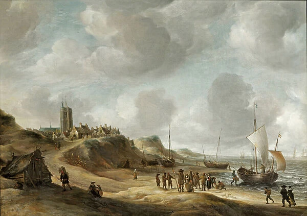 A view of Egmond aan Zee with fisherfolk on the beach and shipping offshore