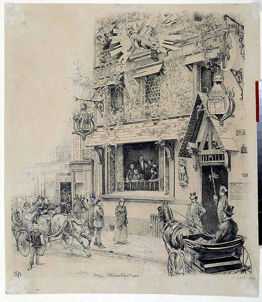 View of the entrance to the Cabaret du Chat Noir. Ink drawing by Paul Merwart (1855-1902