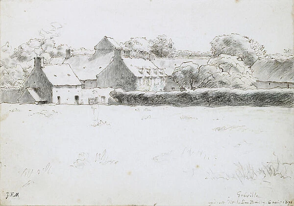 View of Farm Buildings across a Field, 1871 (graphite with black chalk