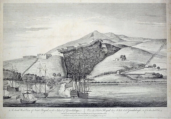 View of Fort Royal on the island of Guadeloupe in the West Indies (West Indies) Engraving by P. Benazech after a drawing by Lieutenant Campbell. 18th century Chartres musee des Beaux Arts