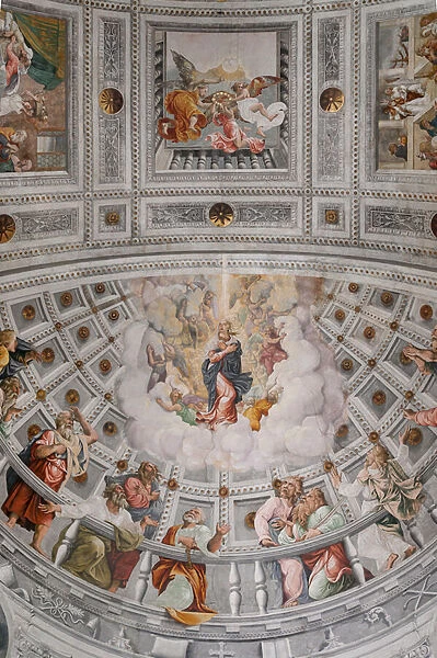 View of the frescoes with the Assumption of Mary, the Nativity, Coronation, and Purification of Mary, Cattedrale Santa Maria Matricolare, Verona, Italy (photo)