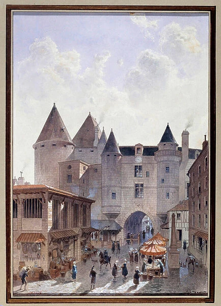 View of the Grand Chatelet from Rue Saint Denis in Paris Watercolour by Theodor Joseph