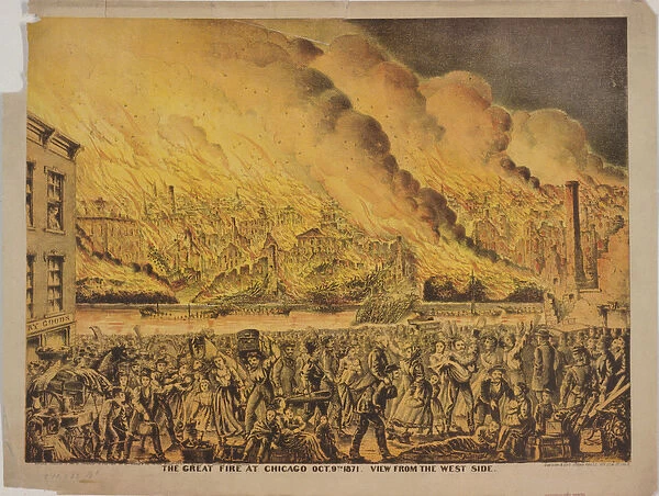 View of the Great Fire of Chicago, 9th October 1871, from the West Side (colour litho)