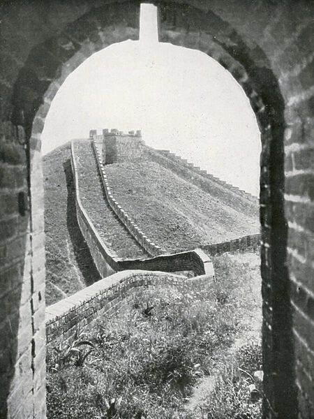 View along the Great Wall through an arch in one of the Watch Towers (b  /  w photo)