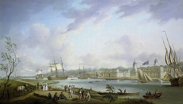 View of Greenwich, description of the Thames and activities on its banks, as well as of river navigation, subject to the importance of the tides. Oil on canvas, 1792 by Robert Dodd (1748-1815)