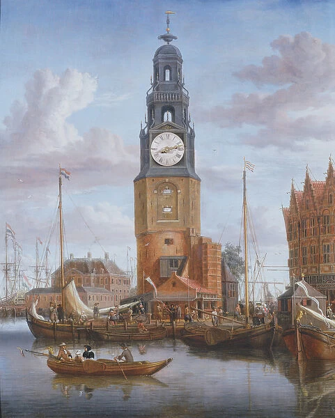 View of the Haringspacker Tower in Amsterdam, with a working clock-face set into