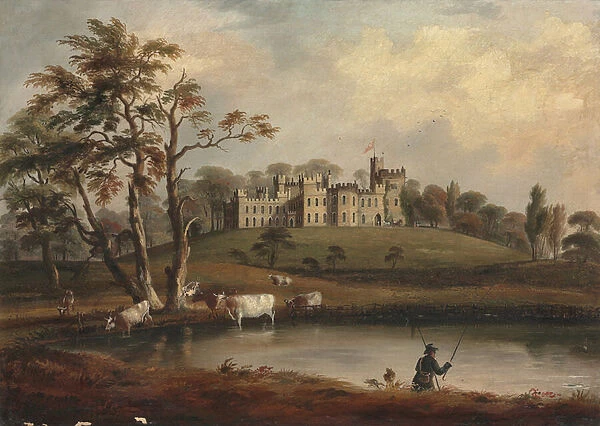 A view of Hornby Castle, Yorkshire, with an angler and cattle on the banks of the river