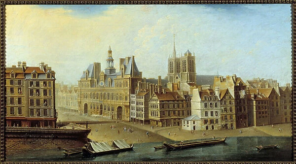 View of the Hotel de Ville and Place de Greve in Paris in 1750 Painting by Nicolas Jean