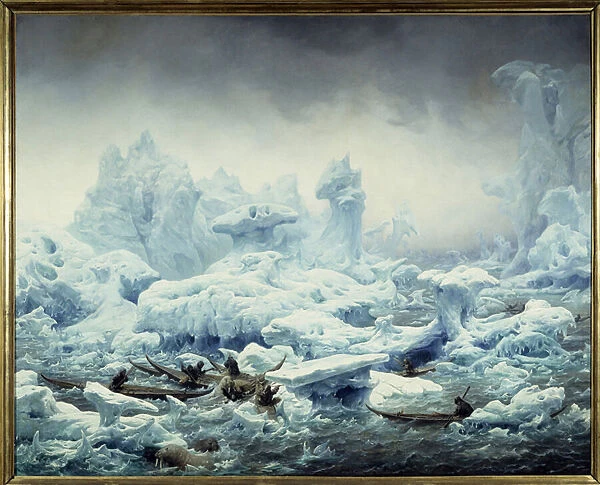 View of the icy ocean, walrus fishing by the Greenlanders Painting by Francois Auguste