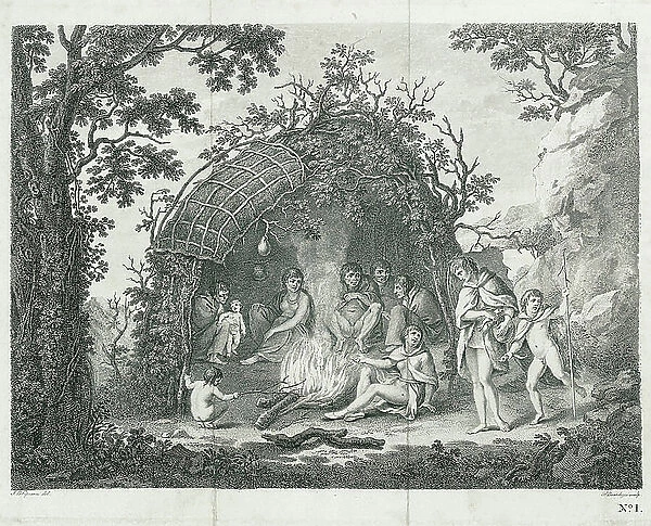A view of the Indians of Terra del Fuego in their hut (without title), 1760-69 (engraving & etching)