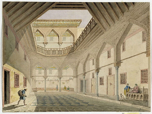 View of the interior of a caravanserail, home of Azir Osman Agha. Watercolour by Pascal Coste (1787-1879) Museum of Mediterranean Archeology, Marseille
