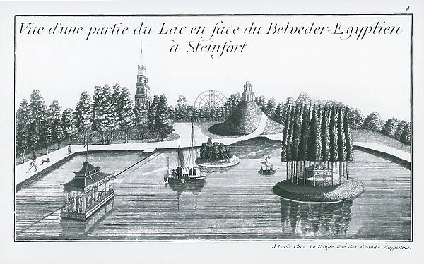 View of part of the lake in front of the Egyptian Belvedere at Steinfort, from Jardins Anglo-Chinois de la Mode by George Louis Le Rouge, published 1776-90 (engraving) (b / w photo)