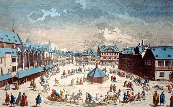 View of Liebfrauenberg Square in winter, Frankfurt am Main, 1738 (coloured engraving)