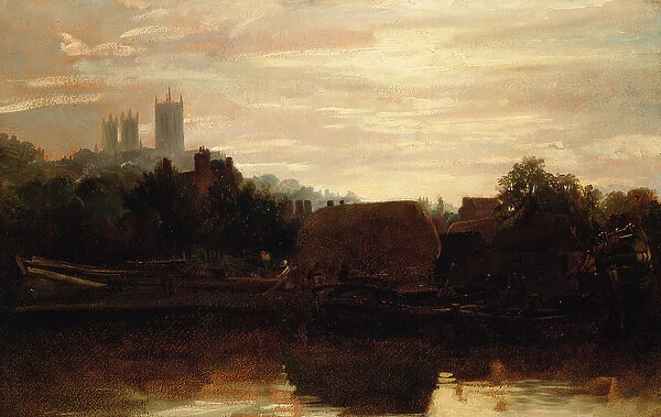 A View of Lincoln from the Foss Dyke, Dawn (oil on paper laid on board)