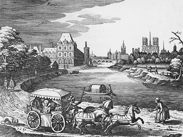 View of the Louvre and the Tuileries with a stage coach in the foreground (engraving