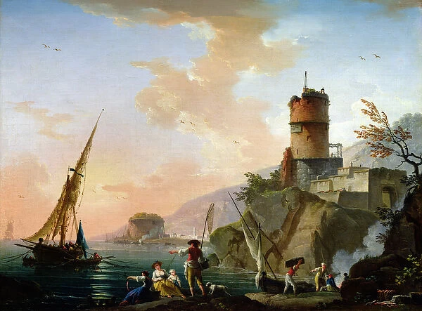 View of a Mediterranean port (oil on canvas)
