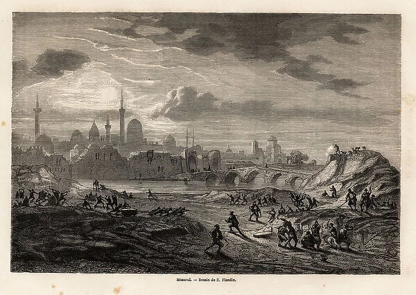 View of Mosul (Iraq), on the banks of the Tiger River, drawing by Eugene Flandin
