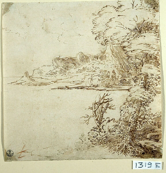 View of a Mountainous Coast (ink on paper)