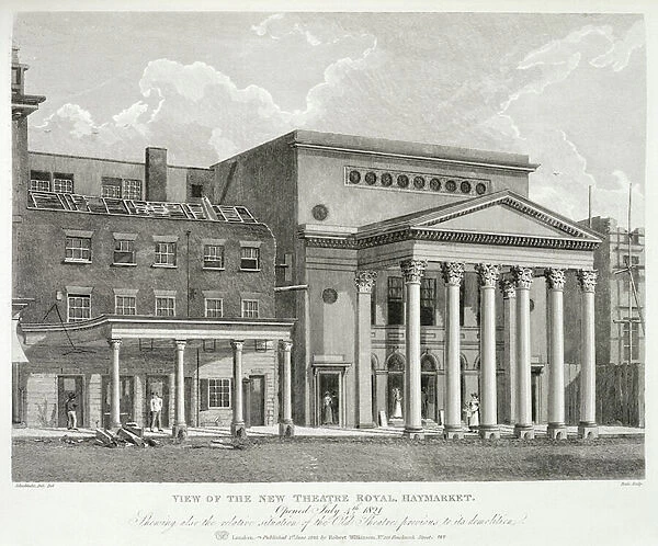 View of the New Theatre Royal, Haymarket, in London, Opened July 4th 1821, Showing also the Relative Situation of the Old Theatre Previous to its Demolition, engraved by Dale, 1822 (engraving)