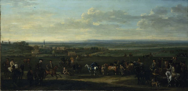 A view of Old Newmarket with figures and horses on the Heath (oil on canvas)