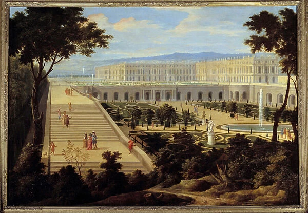 View of the Orangerie, the stairs of the Cent-Marches and the chateau of Versailles circa
