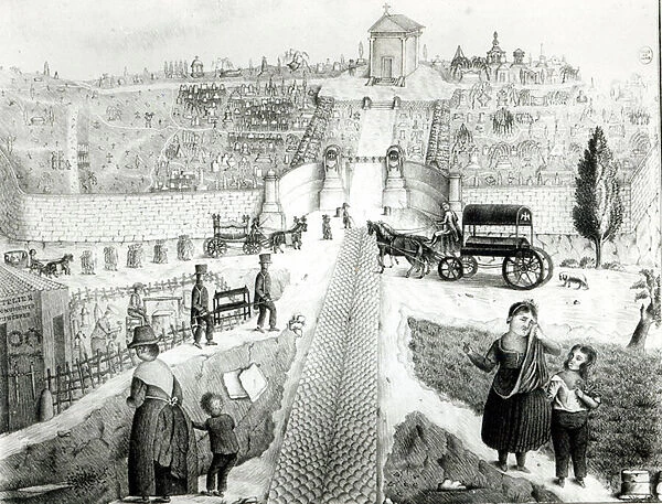 View of Pere-Lachaise Cemetery, early 19th century (litho) (b  /  w photo)