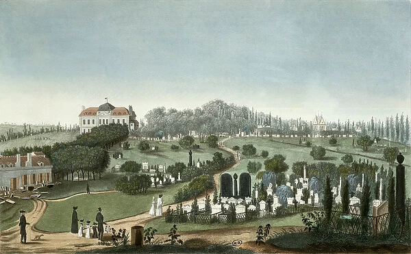 View of Pere Lachaise Cemetery from the Entrance, 1815 (colour engraving)