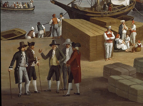View of the port of Messina in Sicily, detail depicting a group of wealthy merchants