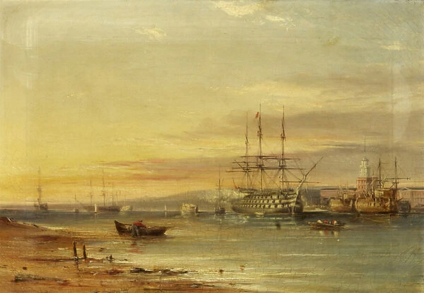 View of Portsmouth Harbour, showing H. M. S. Victory, 1840-60 (oil on canvas)