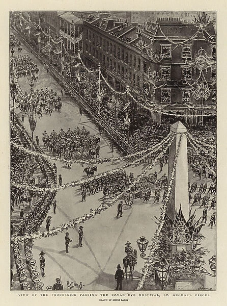 View of the Procession passing the Royal Eye Hospital, St Georges Circus (litho)