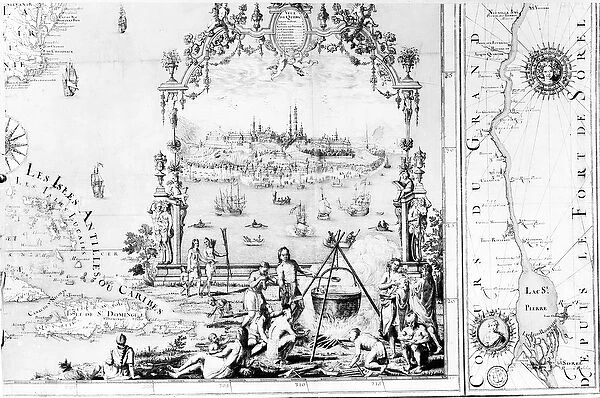 View of Quebec, cartouche of a map depicting St. Lawrence River from Sorel, 1699