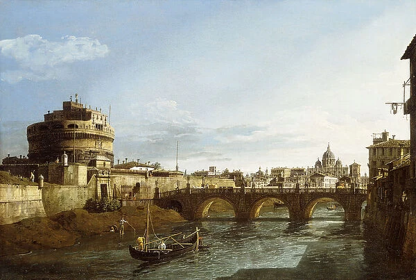A View of Rome looking West, with Boats along the Tiber and the Castel Saint