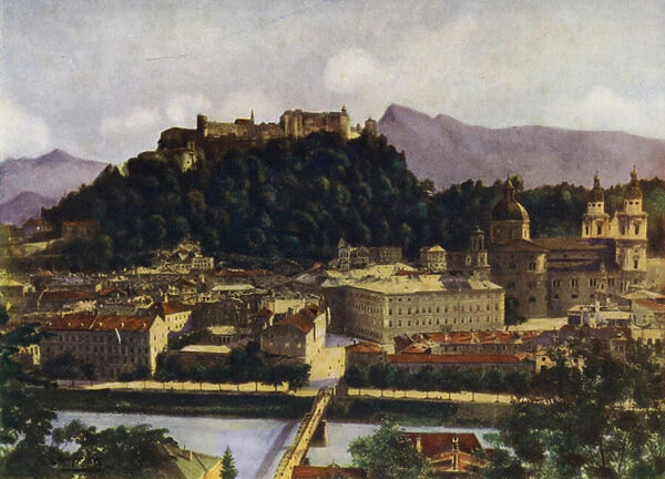 A View of Salzburg and the Hohen-Salzburg, Austria (colour litho)