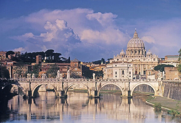 View of Sant Angelo bridge and St Peters across the River Tiber (photo)