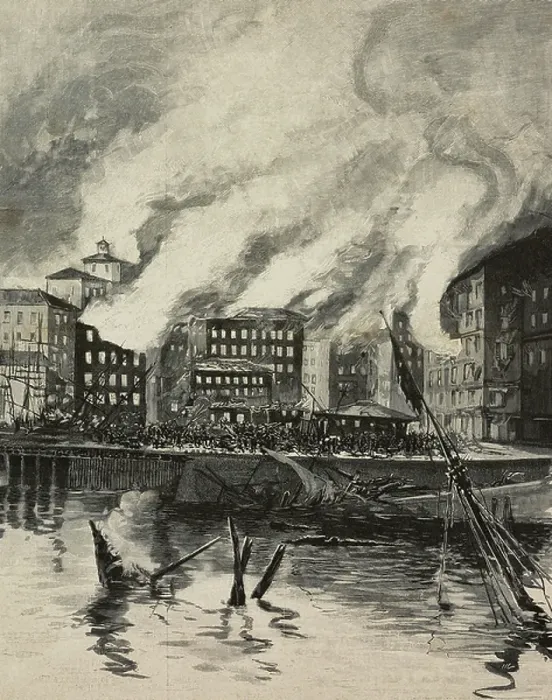 Framed Print : View of Santander after explosion of Cabo Machichaco steamer, November 3, 1893, Spain, drawing by E Scotti from sketch by Gervasini, engraving from L'Illustrazione Italiana, Year XX, No 47, November 19, 1893