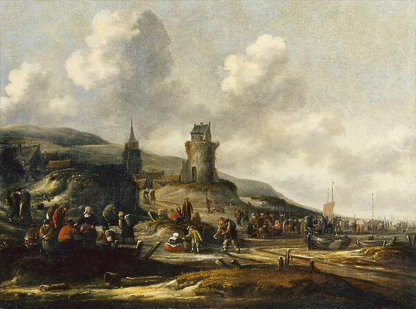 A View of Scheveningen with Fishermen selling their Catch, 1669 (oil on canvas)