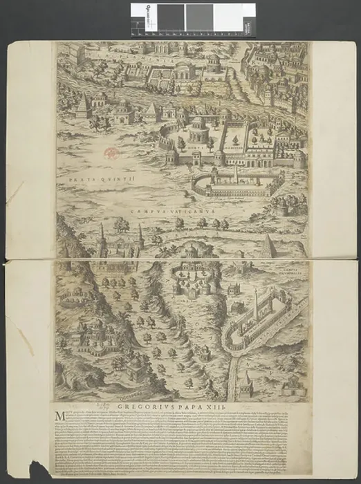 Framed Print : A View, showing the position of several of the more important ancient Roman edifices, 1604 (engraving)