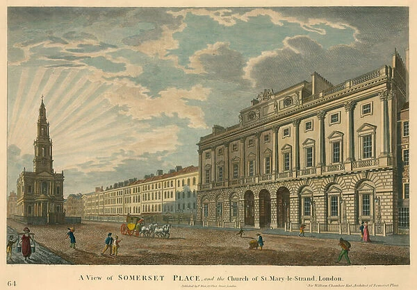 A view of Somerset House and St Mary-le-Strand, The Strand, London (coloured engraving)