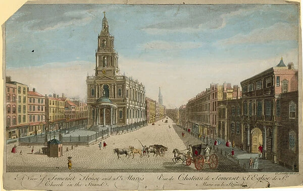 A view of Somerset House and St Marys Church in the Strand (coloured engraving)
