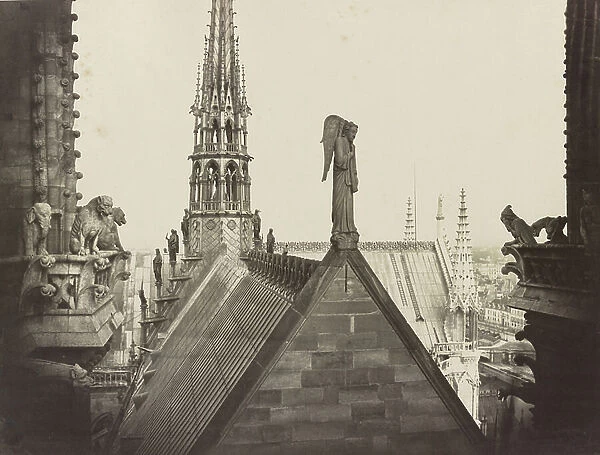View from spire of roofs, statuary, and gable, Notre Dame, Paris, France, c. 1860 (b / w photo)