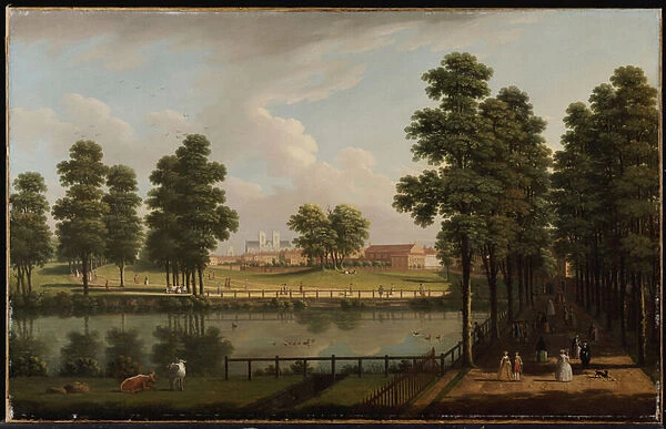 View of St. Jamess Park with Westminster Abbey Beyond (oil on canvas)
